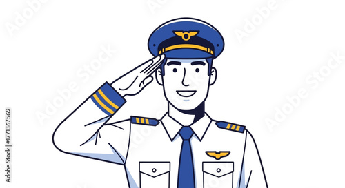 A pilot in uniform salutes wearing a hat and tie His shirt has pockets and wings symbol