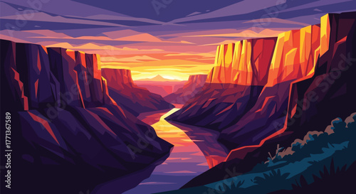 Grand canyon landscape sunset river canyon walls nature illustration