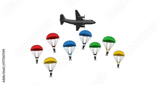 A plane flies above skydivers with colorful parachutes in a sparse setting