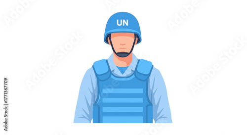 A UN soldier wearing a blue helmet and bulletproof vest stands against a white background