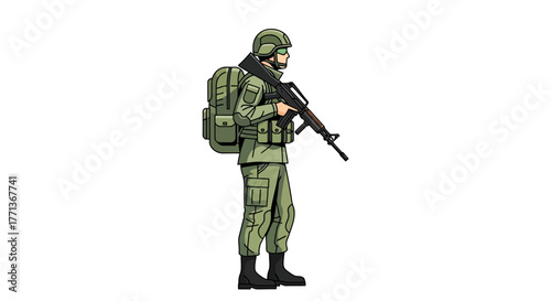An armed soldier with a backpack stands ready