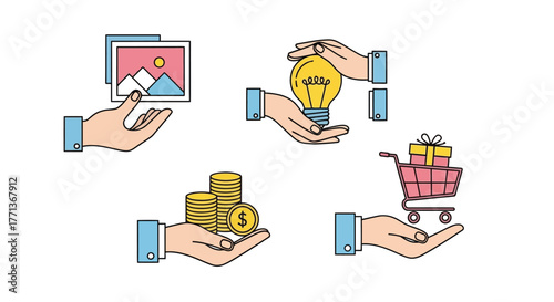 Hand holding various items like money, photos, lightbulb, and shopping cart representing different concepts