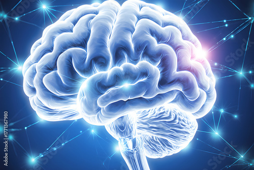 Illuminated human brain with glowing neural network connections, symbolizing thought and intelligence