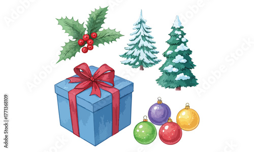 Cute Christmas Illustrations Collection – Santa Claus, Snowman, Reindeer, Christmas Trees, Gifts & Holiday Decorations