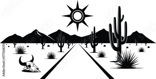 Desert landscape cactus road skull sun mountains black and white art
