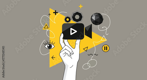 Conceptual Illustration of a Hand Holding a Video Camera Icon with Abstract Elements