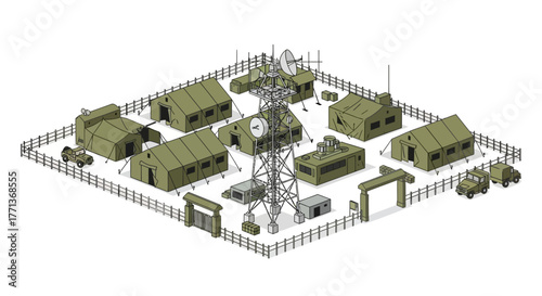 An isometric view of an outdoor military base setup with tents vehicles a tower and fenced perimeter