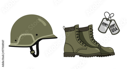 An illustration of army gear a helmet boots and dog tags on a white background