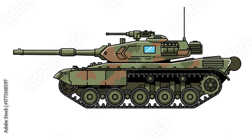 An olivegreen military tank features camouflage patterns and intricate detailing