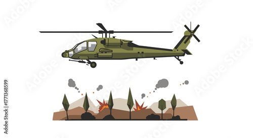 An olive helicopter flies over a wartorn landscape with explosions