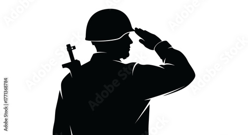 Black silhouette of a soldier in helmet saluting with a rifle on his back