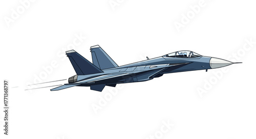Blue jet fighter plane with contrails depicted in a cartoon style