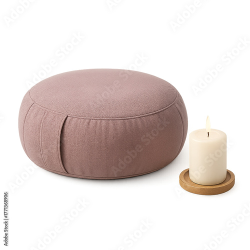 Meditation cushion and candle on white background — relaxation, mindfulness, and yoga concept