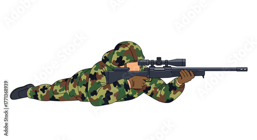 Camouflaged sniper lies prone aiming a scoped rifle