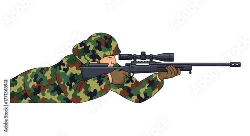 Camouflaged sniper lying prone aiming a rifle with a scope