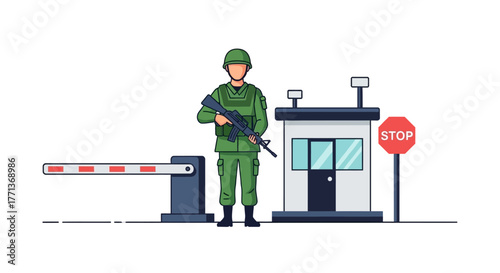 Cartoon guard stands by a booth stop sign  barrier holding a rifle