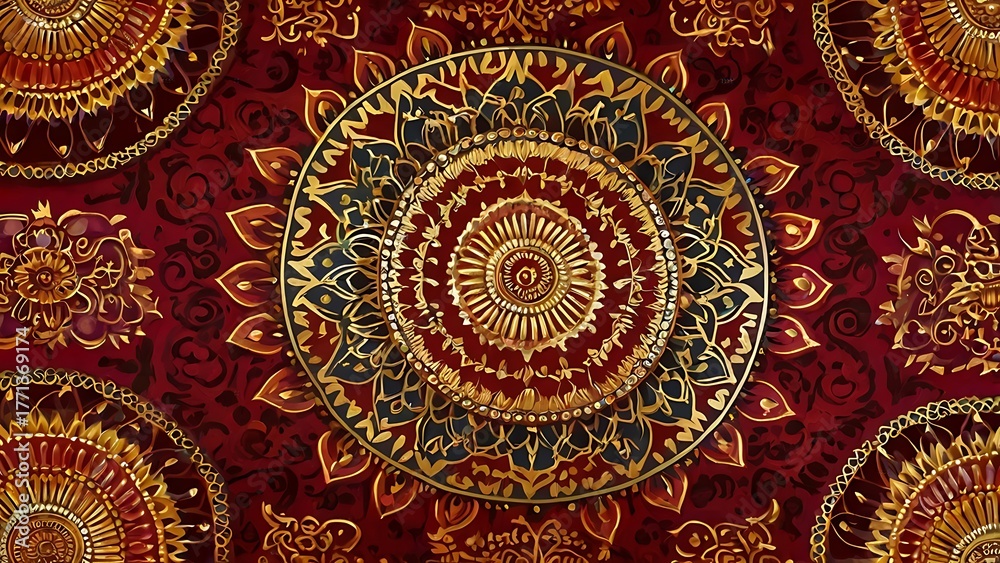 Fototapeta premium Vibrant Indian mandala with golden and red tones in a symmetrical geometric design.