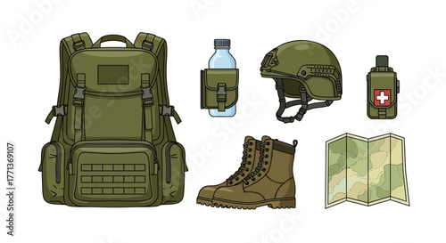 Equipment displayed backpack water bottle helmet boots map  first aid