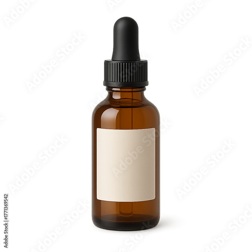 A transparent amber glass dropper bottle with a label, photographed on a clean background.
