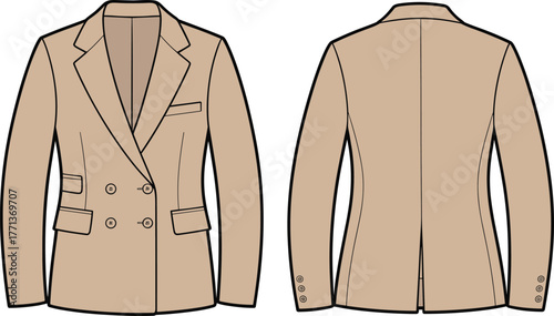 Double breasted blazer fashion flat, tailored jacket CAD drawing, vector clothing mockup, formal wear design template, front and back view