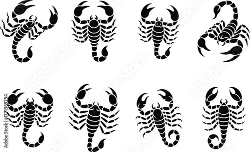 Collection of eight detailed black and white scorpion illustrations in various poses and styles