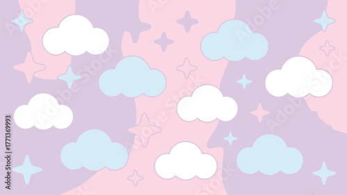 Pastel background with clouds and stars in shades of pink purple and light blue aesthetic design