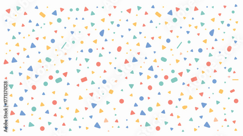 A pattern of colorful confetti shapes scattered randomly on a white background creating a festive design
