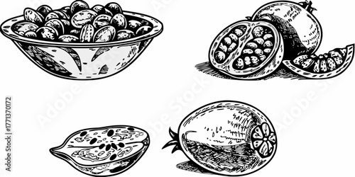 Illustration of a bowl filled with seeds and various cut fruits like pomegranates and papayas