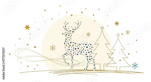 Christmas Deer and Trees Festive Holiday Illustration with Stars and Snowflakes