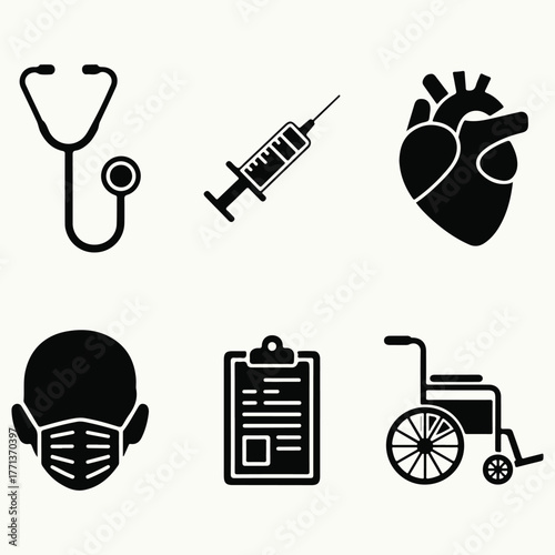 Set of six black medical icons including a stethoscope syringe heart face mask clipboard and wheelchair