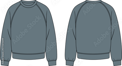 Elastic hem raglan sweatshirt CAD flat vector, front and back technical apparel sketch, winter clothing template, detailed stitching design