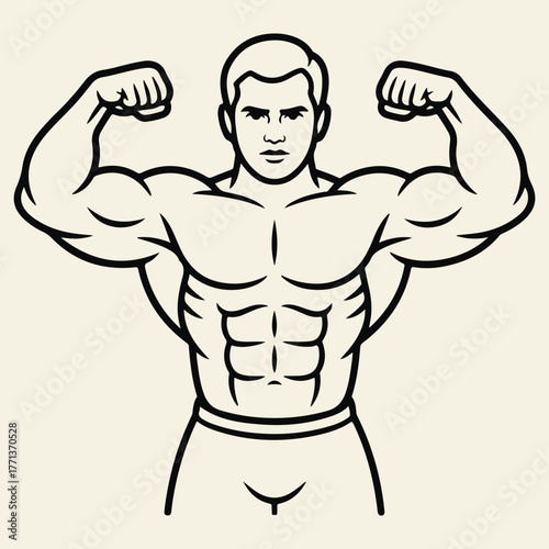 Line art illustration of a muscular bodybuilder flexing his biceps and showing off his abdominal muscles