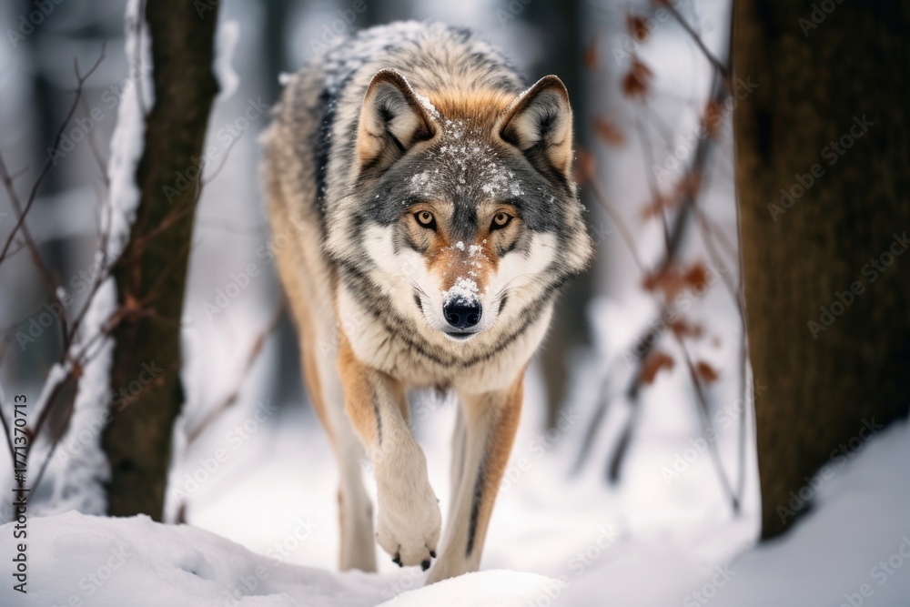 Naklejka premium Wolf walking in the snow wildlife animal mammal.