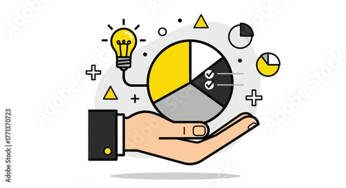 Creative Business Analytics Concept Hand Holding Pie Chart with Lightbulb and Graphics