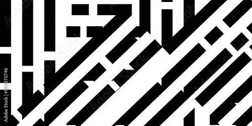 Abstract black and white geometric background with a complex pattern of intersecting bold lines and shapes.