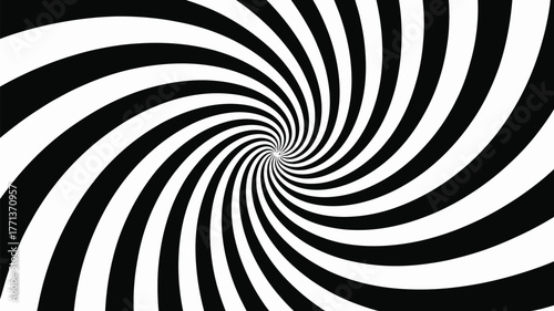 Optical illusion of a swirling vortex with alternating black and white stripes converging to the center