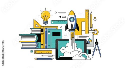 Creative Startup Launch Rocket Taking Off from Digital Tablet amidst Design Tools and Knowledge