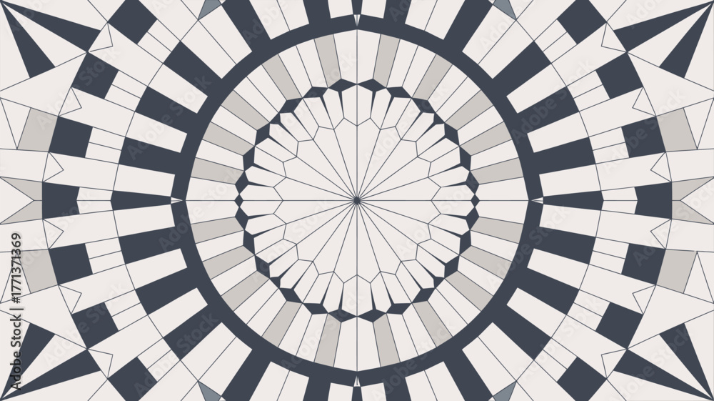 Naklejka premium Circular pattern featuring radiating lines and geometric shapes in muted gray and white tones