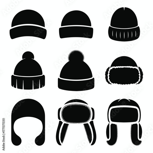 Collection of nine black silhouette winter hats and beanies for cold weather protection