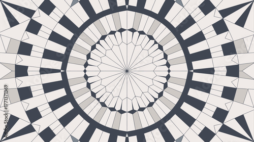 Circular pattern featuring radiating lines and geometric shapes in muted gray and white tones