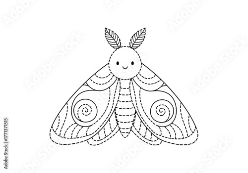Black and white dotted line illustration of a cute cartoon moth