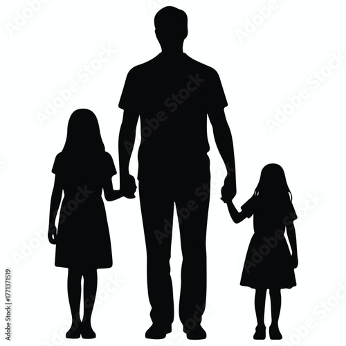 Silhouette of a father holding hands with his two young daughters walking together
