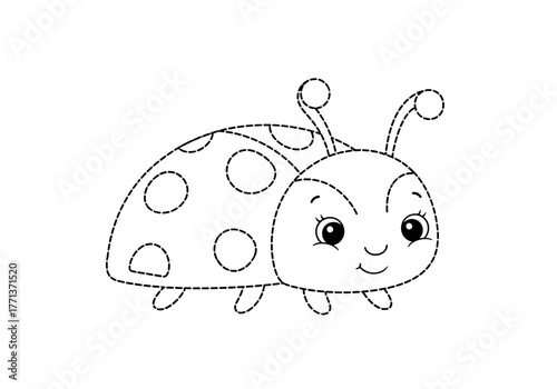 Black and white dotted outline drawing of a cartoon ladybug with large eyes