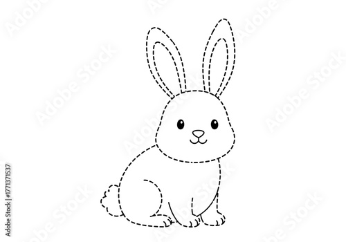 Black and white dotted outline drawing of a sitting rabbit with large upright ears