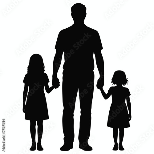 Silhouette of a father holding hands with his two young daughters standing together on a white background
