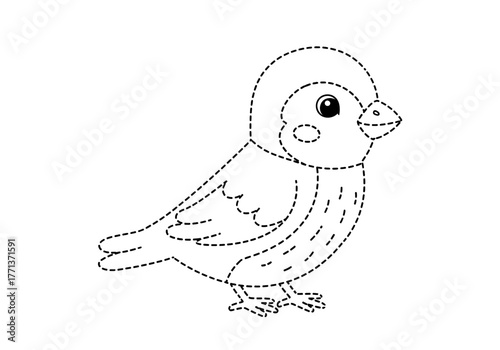 Black and white dottodot drawing of a small plump bird facing right