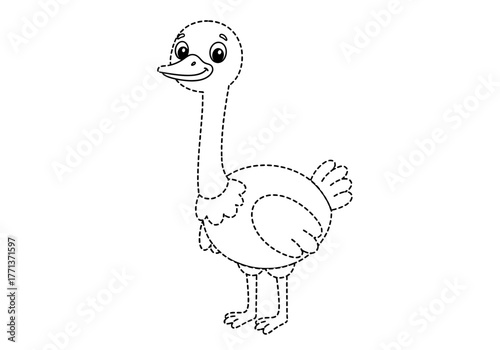 Black and white dottodot drawing of a cartoon ostrich