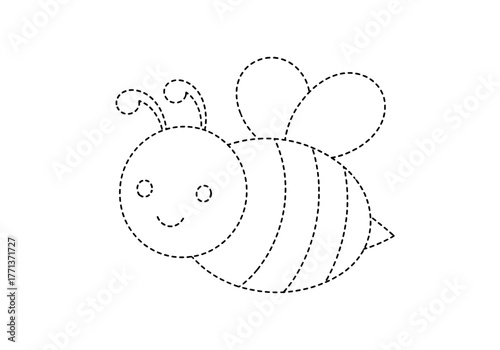 Cartoon bee outline composed of black dashed lines on a white background