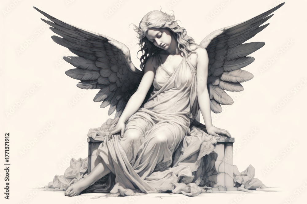 Fototapeta premium Marble statue of angel art drawing sketch.