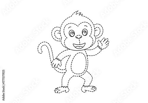 Dottodot outline of a cheerful cartoon monkey waving